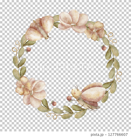 Watercolor wreath illustration insects butterfly motel in peony flowers green leaves. Template round drawn in children's style on isolated background for design of postcards, holidays, clothes, dishes 127766607