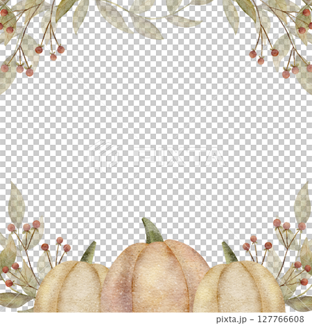 Frame watercolor leaves pumpkin berries. Hand drawn illustration of autumn harvest vegetables in retro style. Template on isolated background for invitations, cards posters packaging holiday tableware Frame watercolor leaves pumpkin berries. Hand drawn illustration of autumn harvest vegetables in retro style. Template on isolated background for invitations, cards posters packaging holiday tableware 127766608