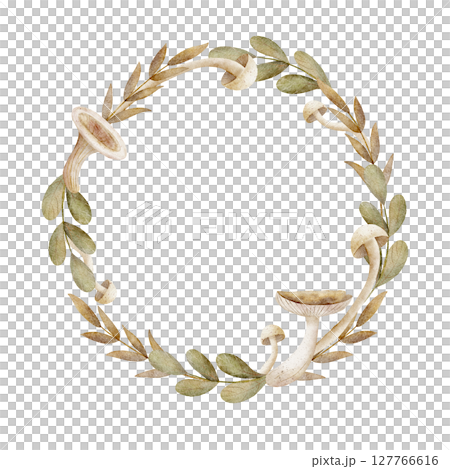 Wreath watercolor autumn mushrooms green leaves. Frame illustration hand drawn pastel color in children's style on isolated background. Template for invitation, greeting, postcard, packaging, holiday 127766616