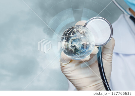 Health pro with globe and stethoscope Health pro with globe and stethoscope 127766635