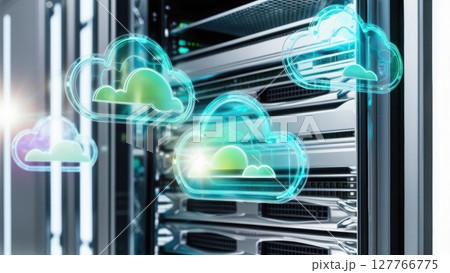 A digital image showing server racks with floating cloud icons, symbolizing cloud computing and data storage technology. 127766775