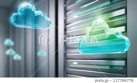 A futuristic server room with glowing cloud icons, symbolizing cloud computing and data storage technologies. 127766776