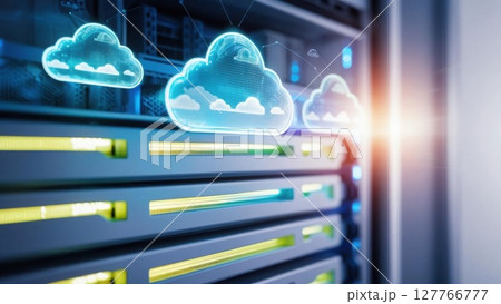 A server rack with digital cloud icons, representing cloud computing and data storage technology. 127766777