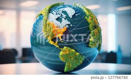 A vibrant, digital globe highlighting continents with a pixelated texture, symbolizing global connection and technology in a modern workspace. 127766780