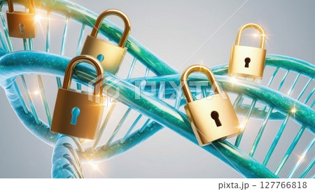 A DNA strand intertwined with golden locks, symbolizing genetic security and data protection in biotechnology. 127766818