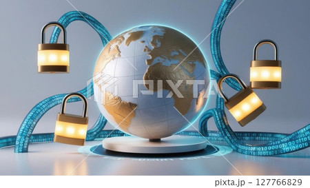 A globe surrounded by digital locks and blue cables, symbolizing global cybersecurity and protection of data. 127766829