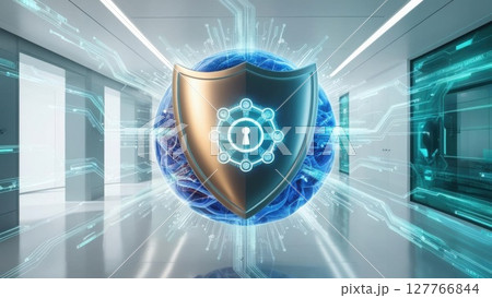 A futuristic shield symbolizing cybersecurity and protection, surrounded by digital elements in a high-tech environment. 127766844