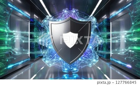 A futuristic shield icon surrounded by vibrant digital patterns, symbolizing cybersecurity and protection in a high-tech environment. 127766845