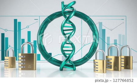 A stylized DNA strand encircled by a ring, with padlocks and graphs in the background, symbolizing genetic security and data protection. 127766852