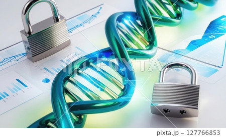 A digital representation of DNA entwined with padlocks, symbolizing security and protection of genetic data and information. 127766853