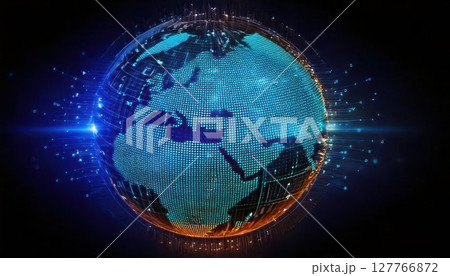 A digital representation of Earth featuring glowing elements and a network of data points, symbolizing technology and connectivity. 127766872