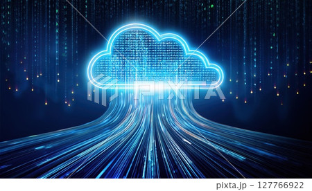 A glowing blue cloud with digital data streams flows downward against a dark backdrop, representing cloud computing and data transfer. 127766922