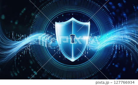 A digital shield symbolizing cybersecurity, featuring a keyhole, surrounded by flowing binary data. 127766934