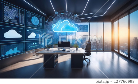 A modern office space with advanced technology, featuring cloud computing visuals and a stunning city view at sunset. 127766998