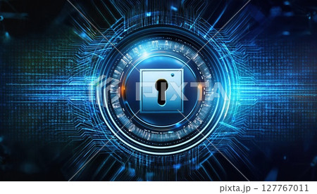 A visually striking digital lock symbol surrounded by a futuristic blue circuit design, representing cybersecurity and data protection. 127767011