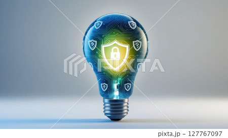 A glowing light bulb with a shield symbol, representing innovation, security, and technology in a digital context. 127767097