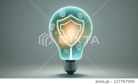A glowing light bulb features a shield design, symbolizing security and innovation in technology. 127767098