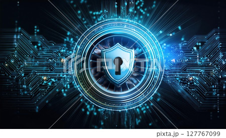 A digital shield with a lock, surrounded by glowing circuitry, symbolizes cybersecurity and protection in a high-tech environment. A digital shield with a lock, surrounded by glowing circuitry, symbolizes cybersecurity and protection in a high-tech environment. 127767099