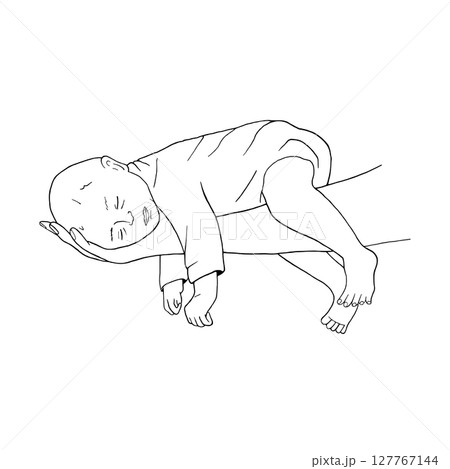 Newborn baby lying on arm. Small child with eyes closed lies on hand of father or mother. Black graphic illustration. Paternity concept or Motherhood. Vector infant for postcard, parenting's articles Newborn baby lying on arm. Small child with eyes closed lies on hand of father or mother. Black graphic illustration. Paternity concept or Motherhood. Vector infant for postcard, parenting's articles 127767144