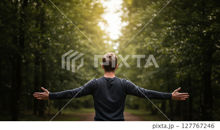 森の中で男性が両腕を広げて立っている後ろ姿 Back view of a man in a fore 127767246