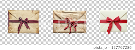 Vintage Envelopes With Red Ribbons Set. Nostalgic Correspondence And Gift Wrapping Collection Isolated On Transparent Background Vintage Envelopes With Red Ribbons Set. Nostalgic Correspondence And Gift Wrapping Collection Isolated On Transparent Background 127767286