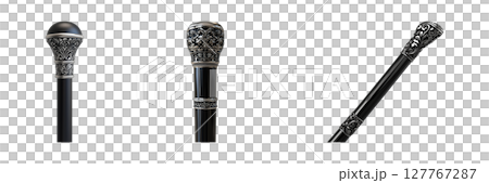 Elegant Walking Cane With Ornate Silver Handle Set. Luxury Mobility Aid Collection Isolated On Transparent Background 127767287