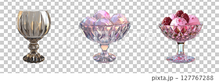 Crystal Glassware And Dessert Presentation Set. Elegant Dining And Culinary Art Collection Isolated On Transparent Background 127767288