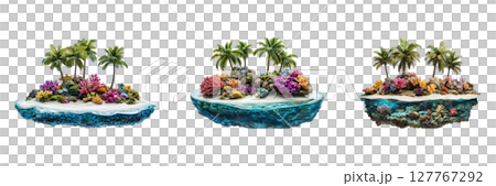 Tropical Miniature Islands With Coral Reefs Set. Exotic Marine Ecosystem Collection Isolated On Transparent Background 127767292