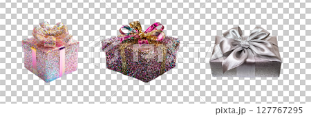 Glittery Gift Boxes With Bows Set. Festive Celebration And Holiday Packaging Collection Isolated On Transparent Background Glittery Gift Boxes With Bows Set. Festive Celebration And Holiday Packaging Collection Isolated On Transparent Background 127767295