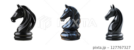 Black Knight Chess Pieces Set. Strategic Game Symbolism Collection Isolated On Transparent Background 127767327