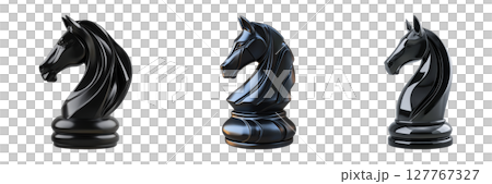 Black Knight Chess Pieces Set. Strategic Game Symbolism Collection Isolated On Transparent Background 127767327