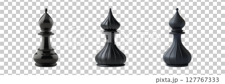 Black Chess Bishop Pieces Set. Strategic Game Elements And Design Collection Isolated On Transparent Background 127767333