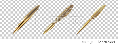 Elegant Gold Feather Pens Set. Luxurious Writing Instruments Collection Isolated On Transparent Background 127767334
