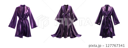 Luxurious Purple Satin Robes Set. Elegant Loungewear And Fashion Collection Isolated On Transparent Background 127767341