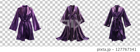 Luxurious Purple Satin Robes Set. Elegant Loungewear And Fashion Collection Isolated On Transparent Background 127767341