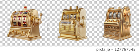 Golden Slot Machines Set. Casino Gaming And Entertainment Collection Isolated On Transparent Background 127767348