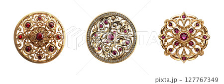 Ornate Gold Brooches With Red Gemstones Set. Luxury Jewelry Design Collection Isolated On Transparent Background Ornate Gold Brooches With Red Gemstones Set. Luxury Jewelry Design Collection Isolated On Transparent Background 127767349