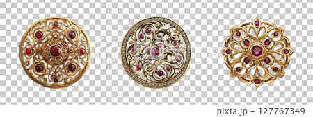 Ornate Gold Brooches With Red Gemstones Set. Luxury Jewelry Design Collection Isolated On Transparent Background Ornate Gold Brooches With Red Gemstones Set. Luxury Jewelry Design Collection Isolated On Transparent Background 127767349