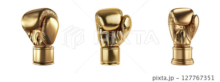 Golden Boxing Glove Trophies Set. Sports Achievement And Victory Collection Isolated On Transparent Background 127767351