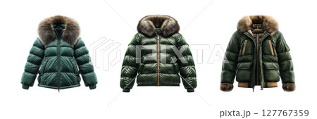 Luxurious Green Fur-Trimmed Winter Jackets Set. Fashionable Outerwear Collection Isolated On Transparent Background 127767359