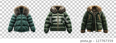 Luxurious Green Fur-Trimmed Winter Jackets Set. Fashionable Outerwear Collection Isolated On Transparent Background 127767359