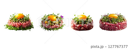 Beef Tartare With Egg Yolk And Capers Set. Gourmet Culinary Presentation Collection Isolated On Transparent Background 127767377