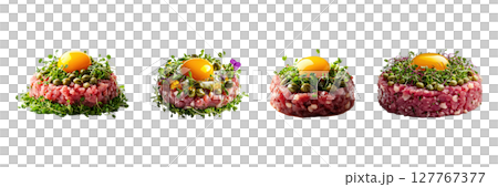 Beef Tartare With Egg Yolk And Capers Set. Gourmet Culinary Presentation Collection Isolated On Transparent Background 127767377