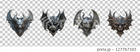 Gothic Gargoyle Wall Sculptures Set. Dark Fantasy Decor Collection Isolated On Transparent Background 127767385