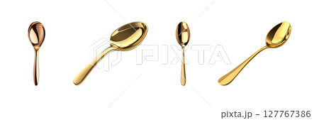 Golden And Copper Spoons Set. Luxury Dining And Tableware Collection Isolated On Transparent Background 127767386