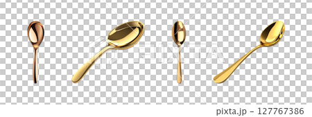 Golden And Copper Spoons Set. Luxury Dining And Tableware Collection Isolated On Transparent Background 127767386