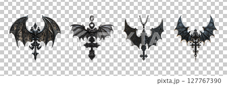 Gothic Bat Wing Cross Pendants Set. Dark Fantasy Jewelry Collection Isolated On Transparent Background 127767390