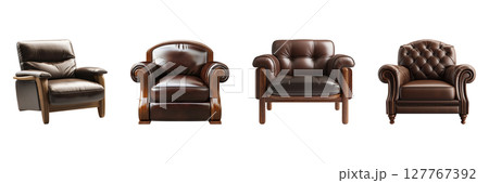 Luxurious Leather Armchairs Set. Elegant Home And Office Furniture Collection Isolated On Transparent Background 127767392