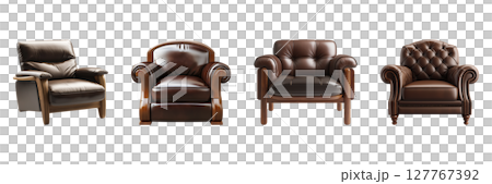 Luxurious Leather Armchairs Set. Elegant Home And Office Furniture Collection Isolated On Transparent Background 127767392