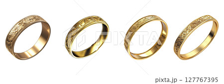 Gold Engraved Wedding Rings Set. Elegant Jewelry Design Collection Isolated On Transparent Background Gold Engraved Wedding Rings Set. Elegant Jewelry Design Collection Isolated On Transparent Background 127767395